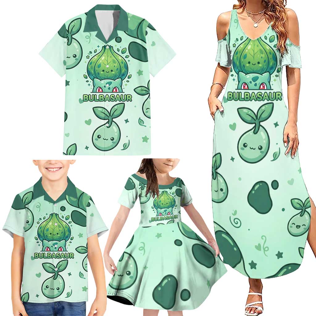 Bulbasaur Family Matching Summer Maxi Dress and Hawaiian Shirt Playful Leafy Sprout Art