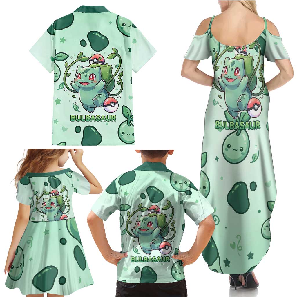 Bulbasaur Family Matching Summer Maxi Dress and Hawaiian Shirt Playful Leafy Sprout Art