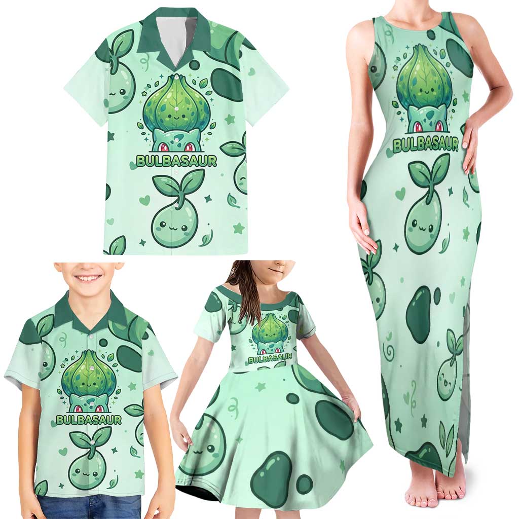 Bulbasaur Family Matching Tank Maxi Dress and Hawaiian Shirt Playful Leafy Sprout Art