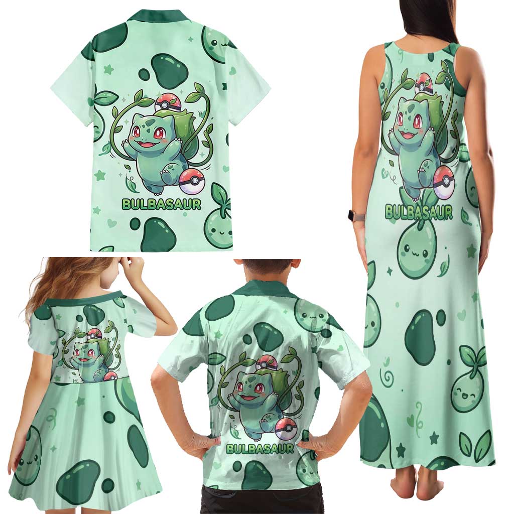 Bulbasaur Family Matching Tank Maxi Dress and Hawaiian Shirt Playful Leafy Sprout Art