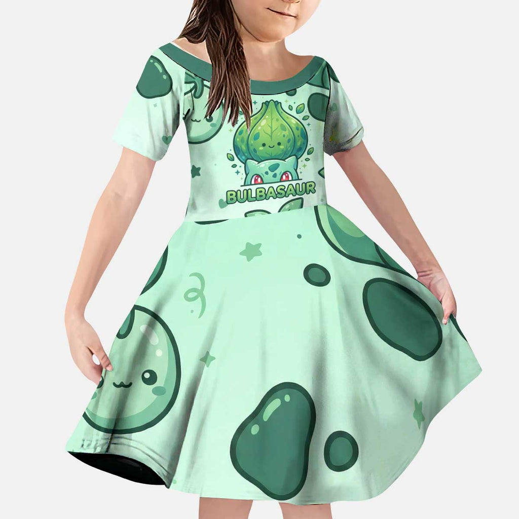Bulbasaur Kid Short Sleeve Dress Playful Leafy Sprout Art