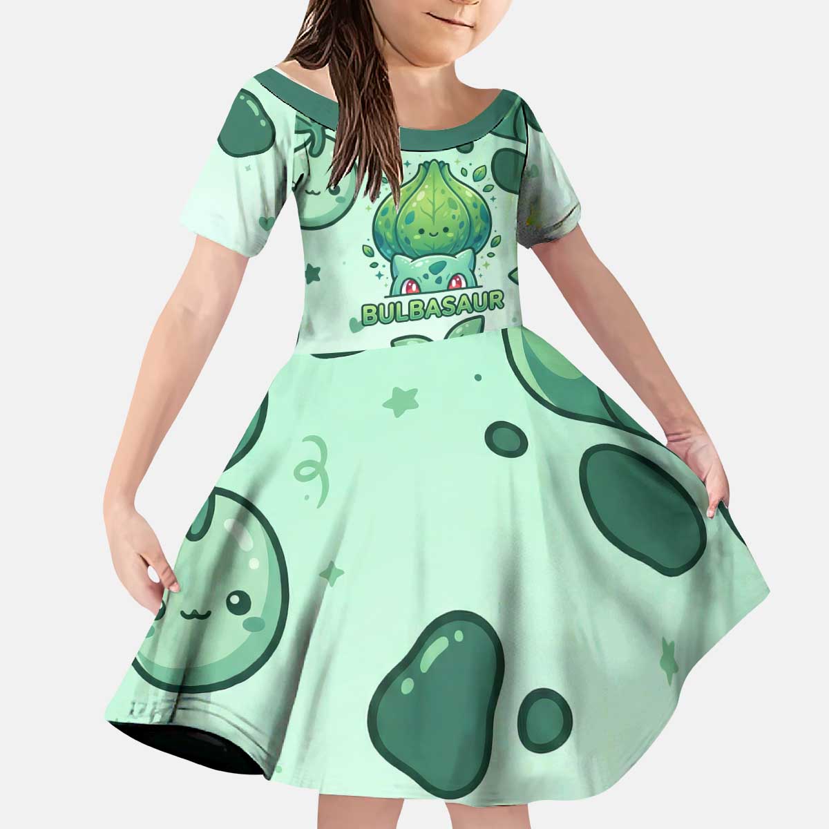 Bulbasaur Kid Short Sleeve Dress Playful Leafy Sprout Art