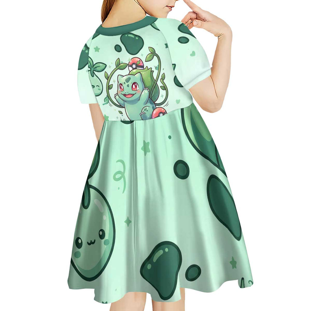 Bulbasaur Kid Short Sleeve Dress Playful Leafy Sprout Art