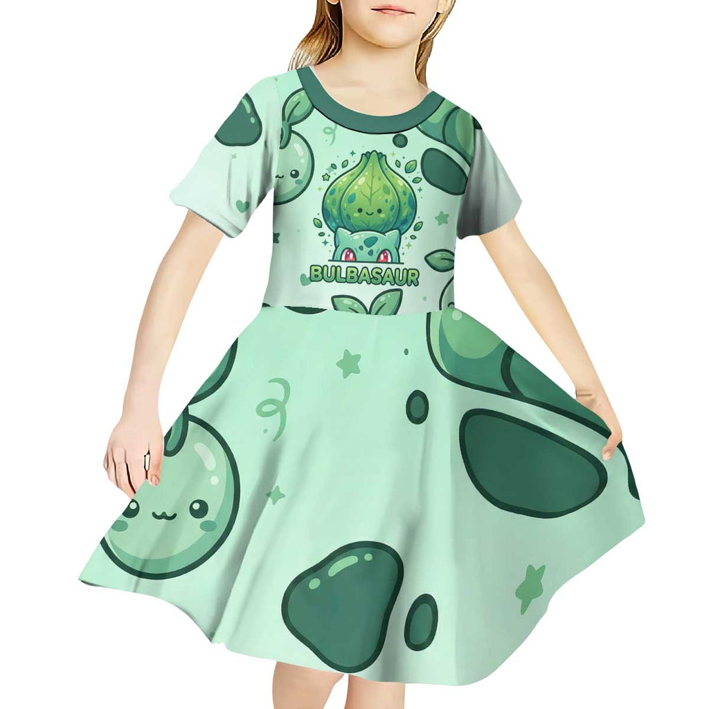 Bulbasaur Kid Short Sleeve Dress Playful Leafy Sprout Art