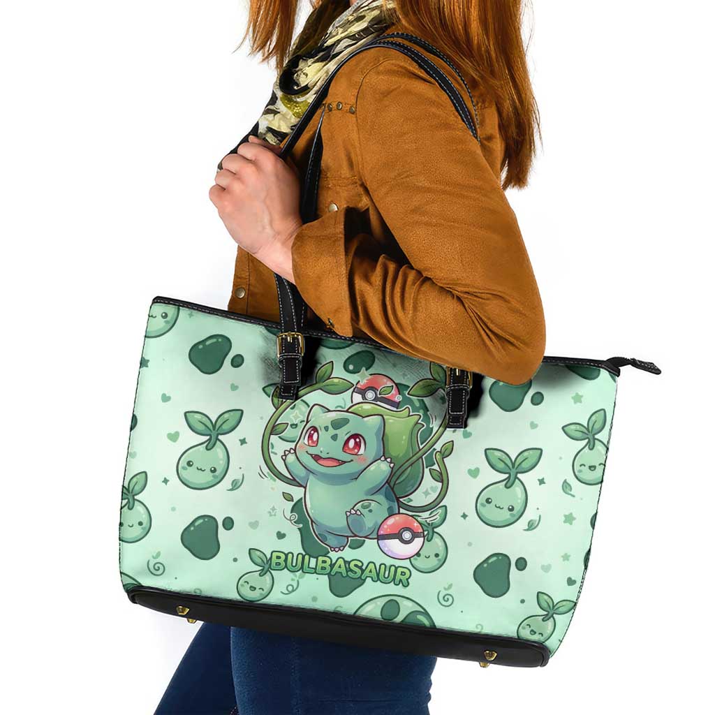 Bulbasaur Leather Tote Bag Playful Leafy Sprout Art