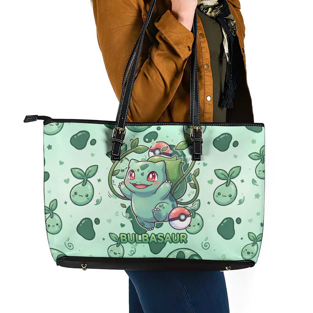 Bulbasaur Leather Tote Bag Playful Leafy Sprout Art