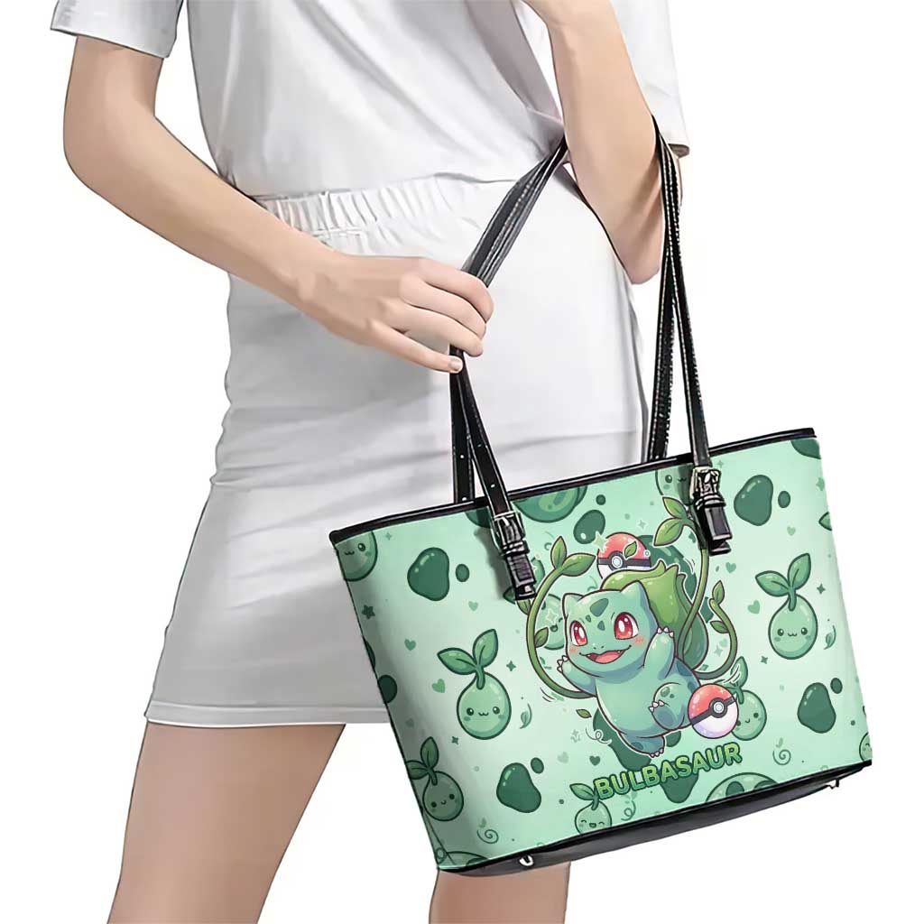 Bulbasaur Leather Tote Bag Playful Leafy Sprout Art