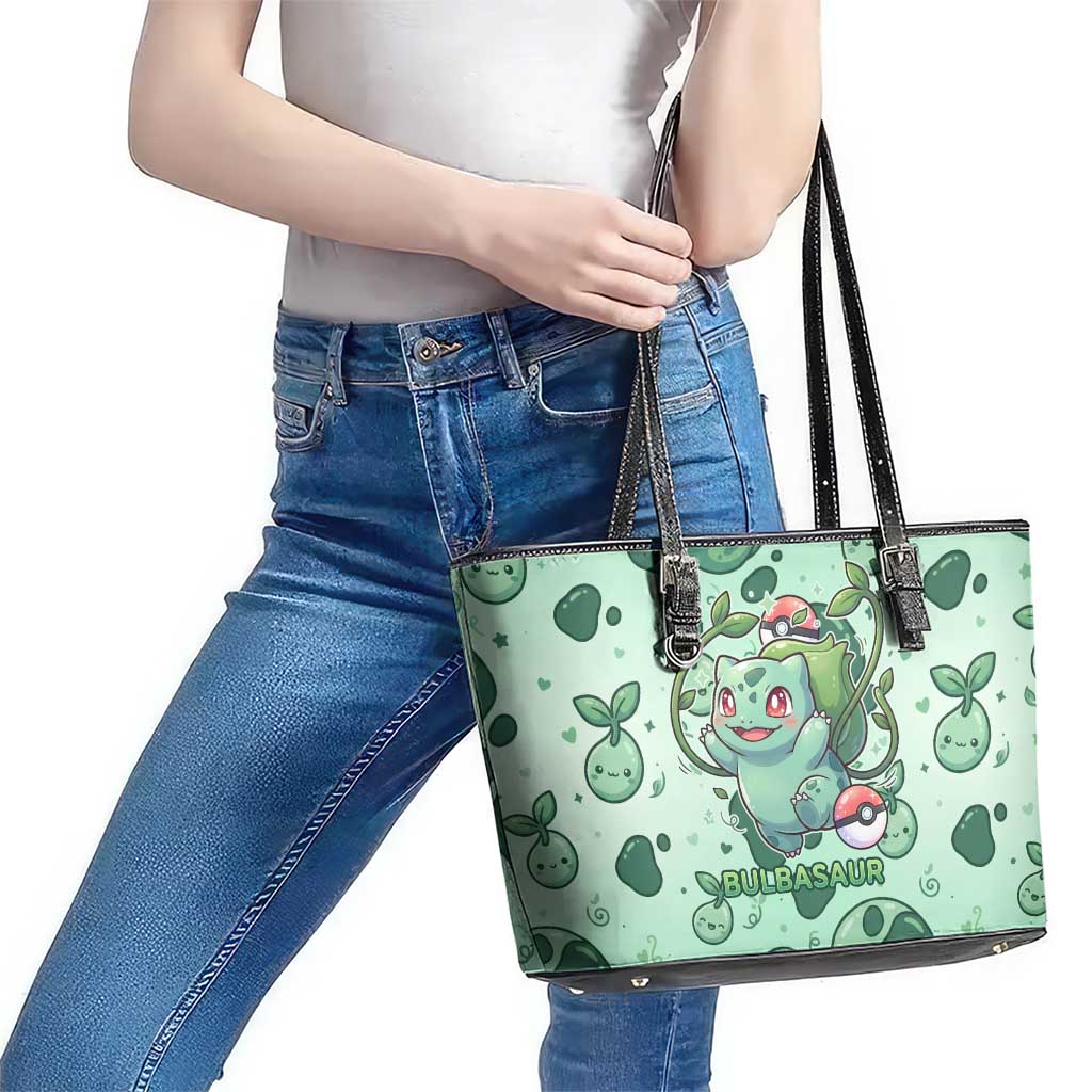 Bulbasaur Leather Tote Bag Playful Leafy Sprout Art