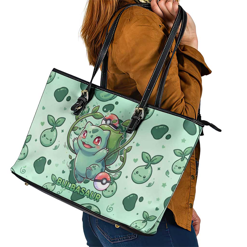 Bulbasaur Leather Tote Bag Playful Leafy Sprout Art