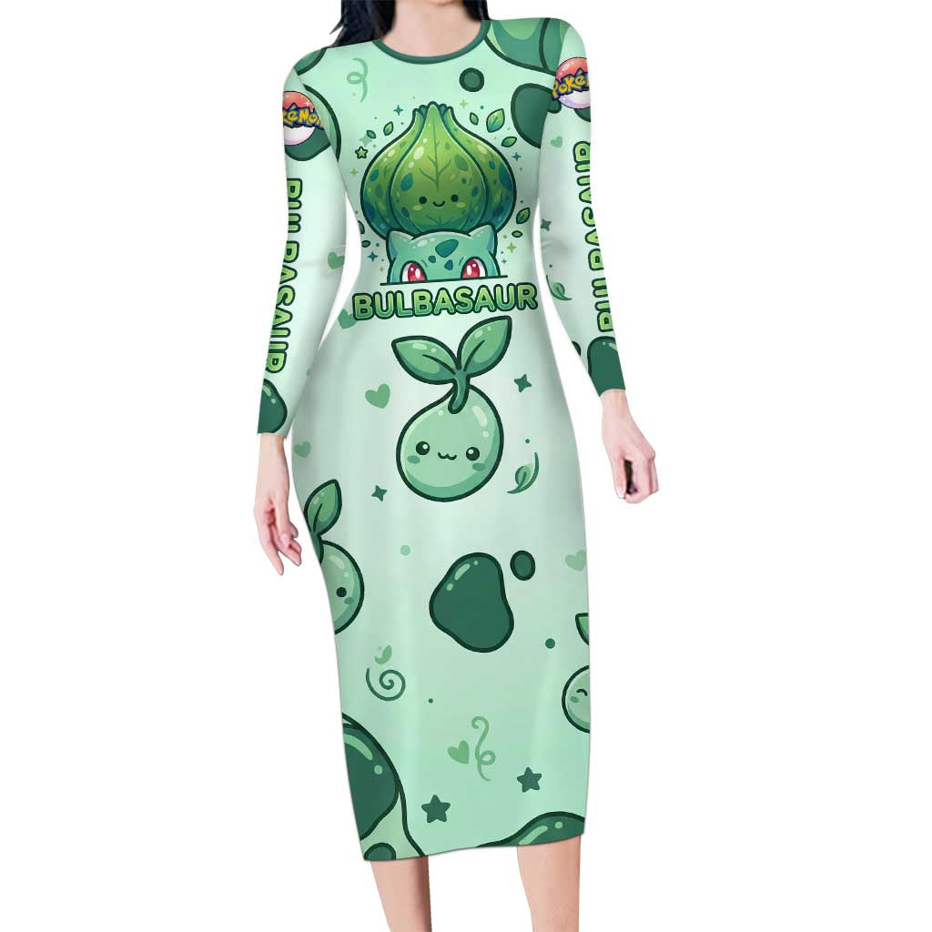 Bulbasaur Long Sleeve Bodycon Dress Playful Leafy Sprout Art