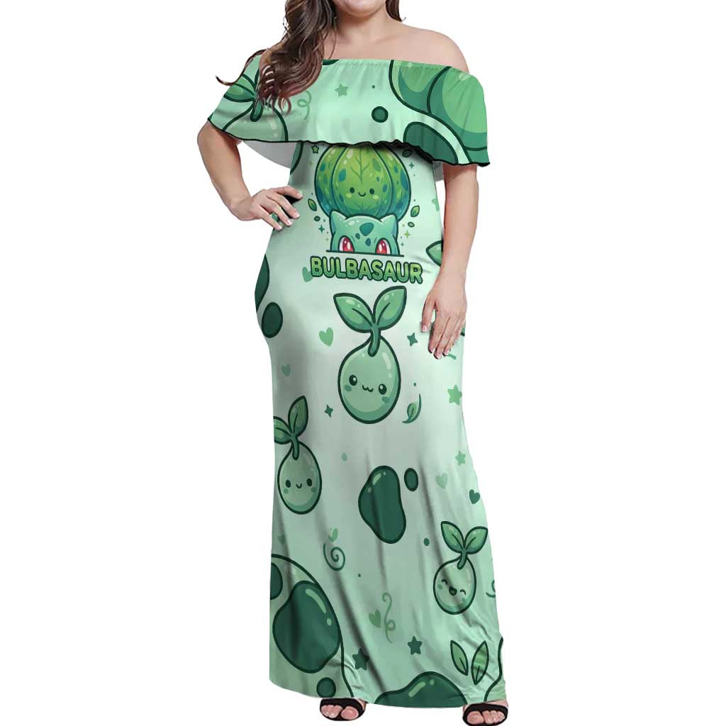 Bulbasaur Off Shoulder Maxi Dress Playful Leafy Sprout Art
