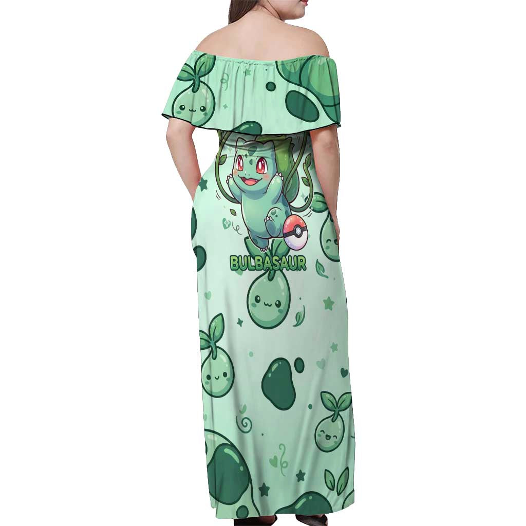 Bulbasaur Off Shoulder Maxi Dress Playful Leafy Sprout Art