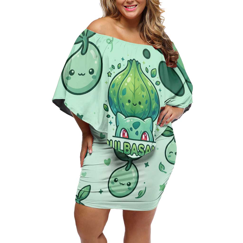 Bulbasaur Off Shoulder Short Dress Playful Leafy Sprout Art
