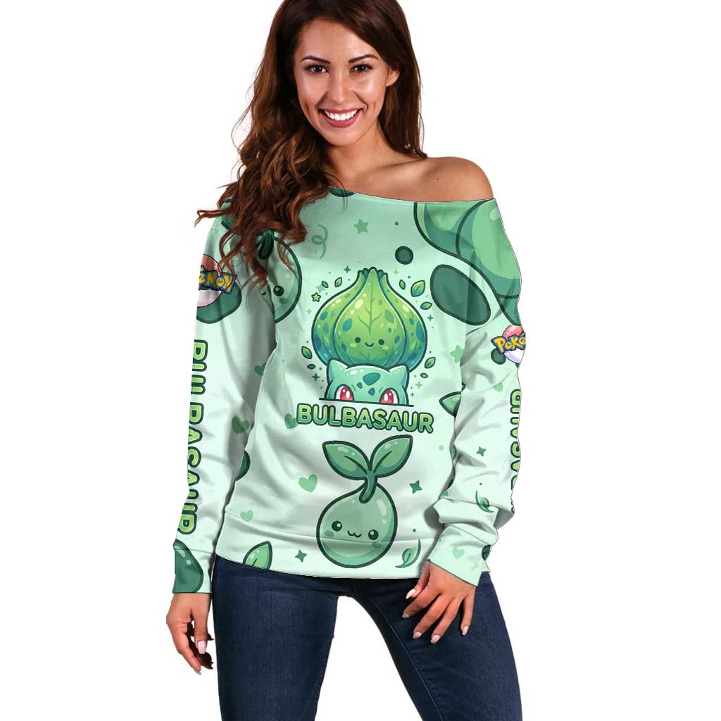 Bulbasaur Off Shoulder Sweater Playful Leafy Sprout Art