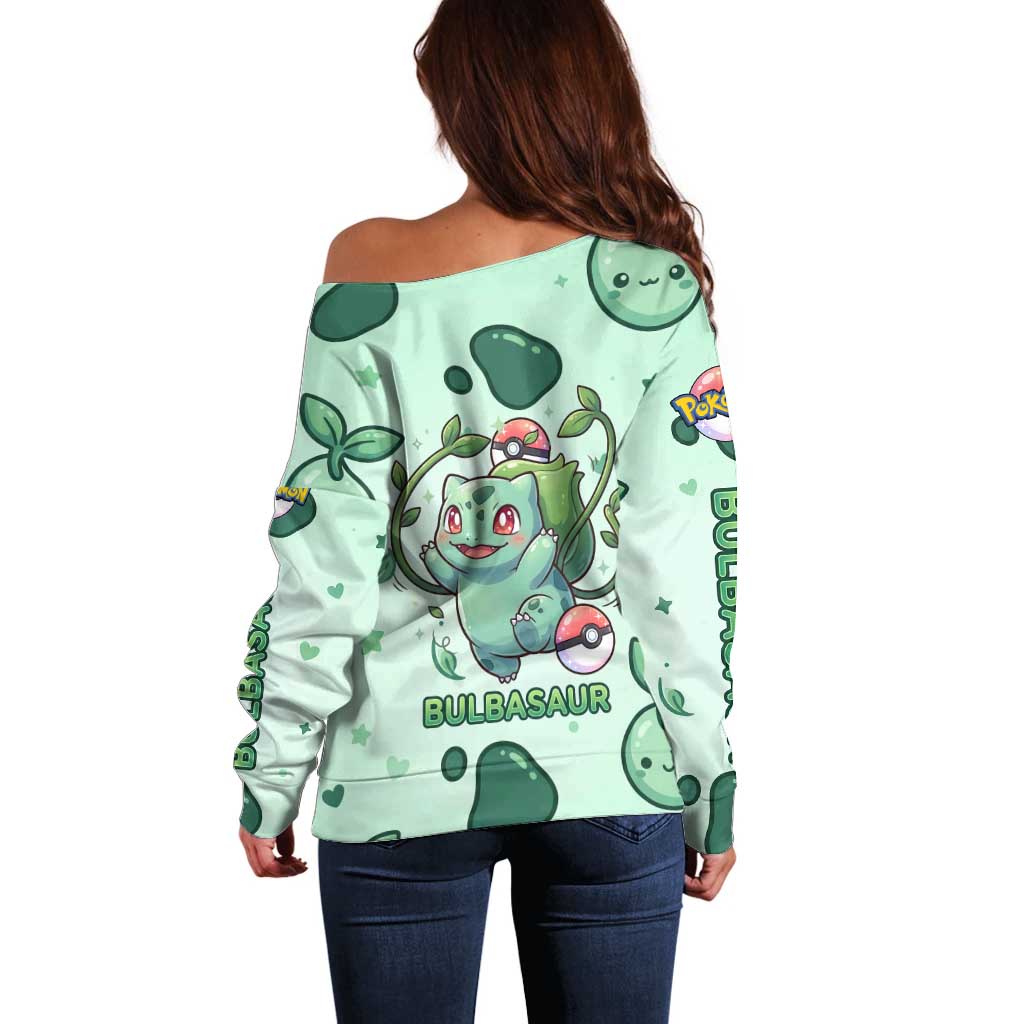 Bulbasaur Off Shoulder Sweater Playful Leafy Sprout Art