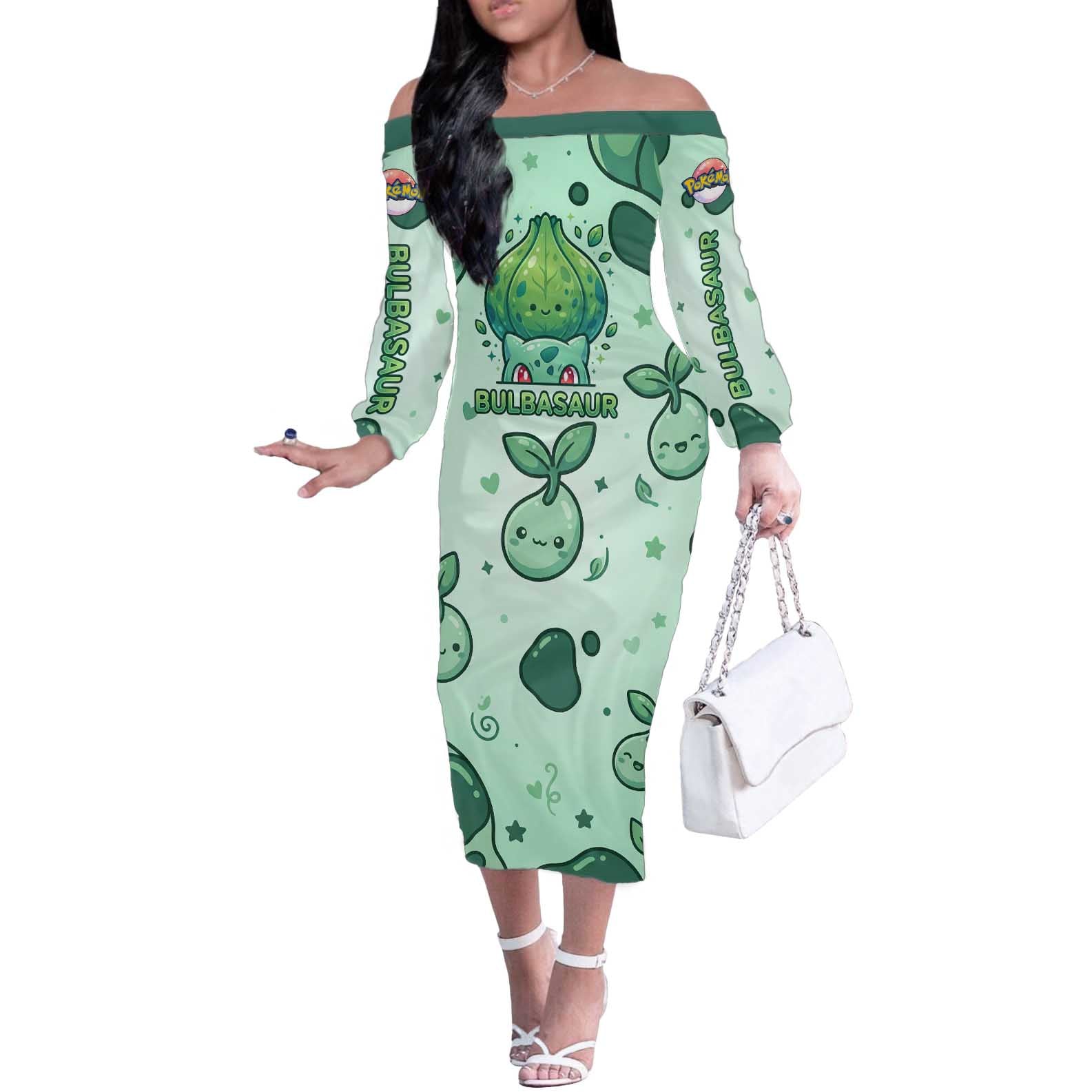 Bulbasaur Off The Shoulder Long Sleeve Dress Playful Leafy Sprout Art