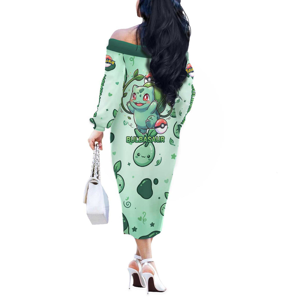 Bulbasaur Off The Shoulder Long Sleeve Dress Playful Leafy Sprout Art