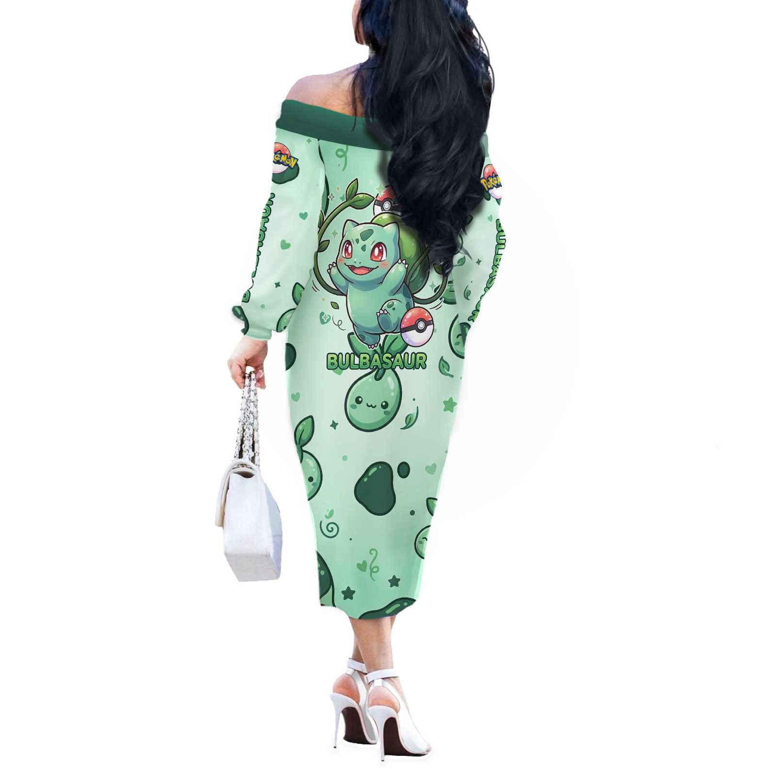 Bulbasaur Off The Shoulder Long Sleeve Dress Playful Leafy Sprout Art
