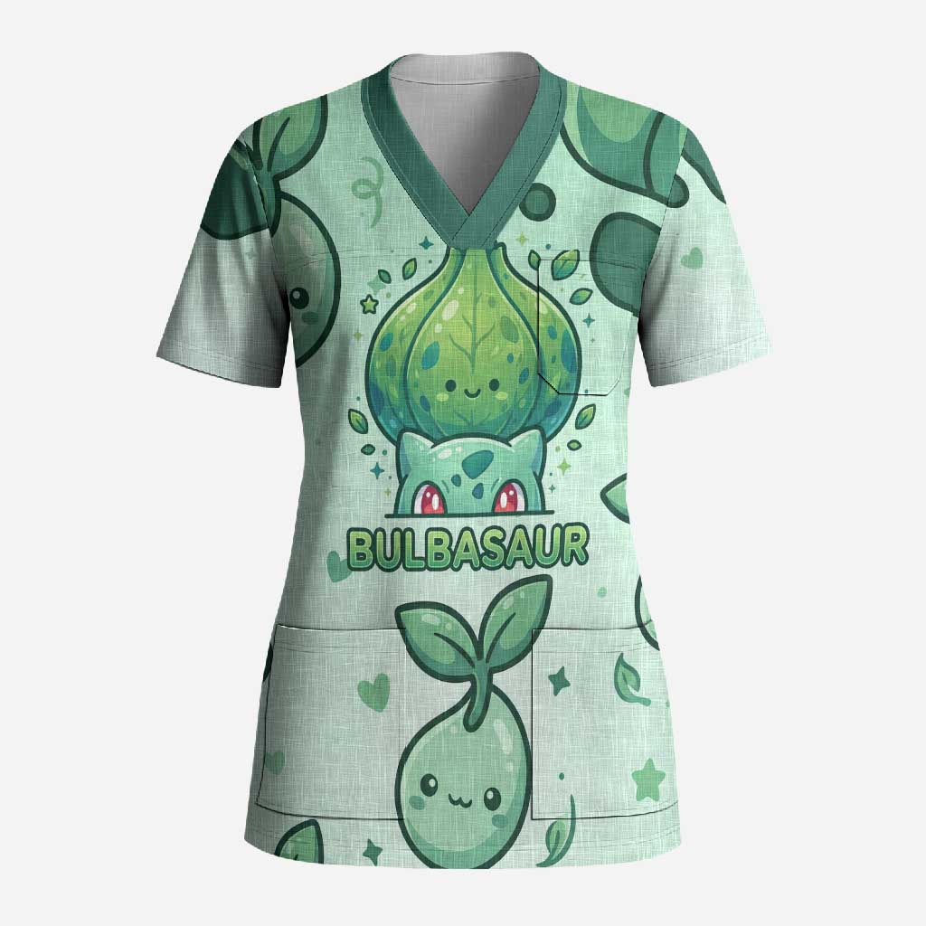 Bulbasaur Scrub Top Playful Leafy Sprout Art