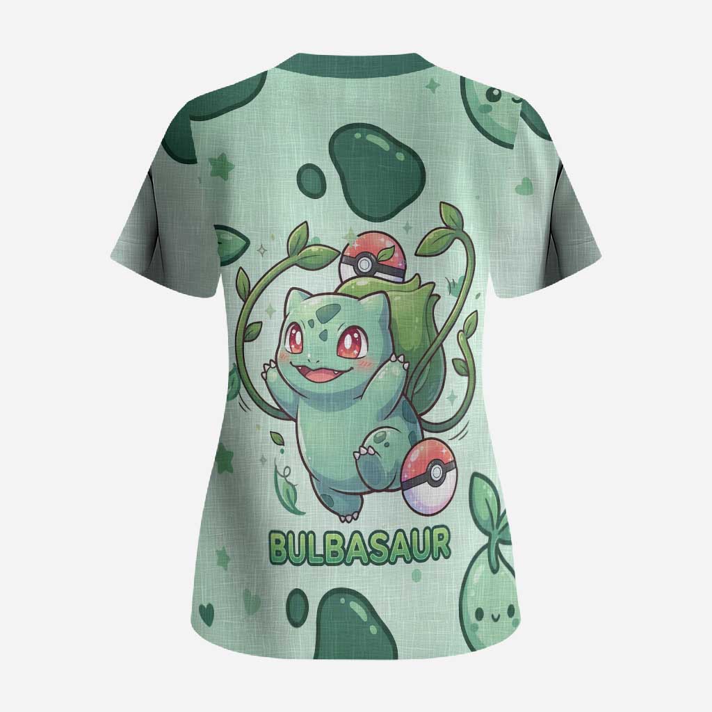 Bulbasaur Scrub Top Playful Leafy Sprout Art