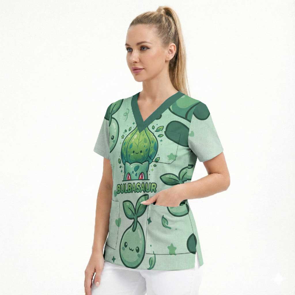 Bulbasaur Scrub Top Playful Leafy Sprout Art