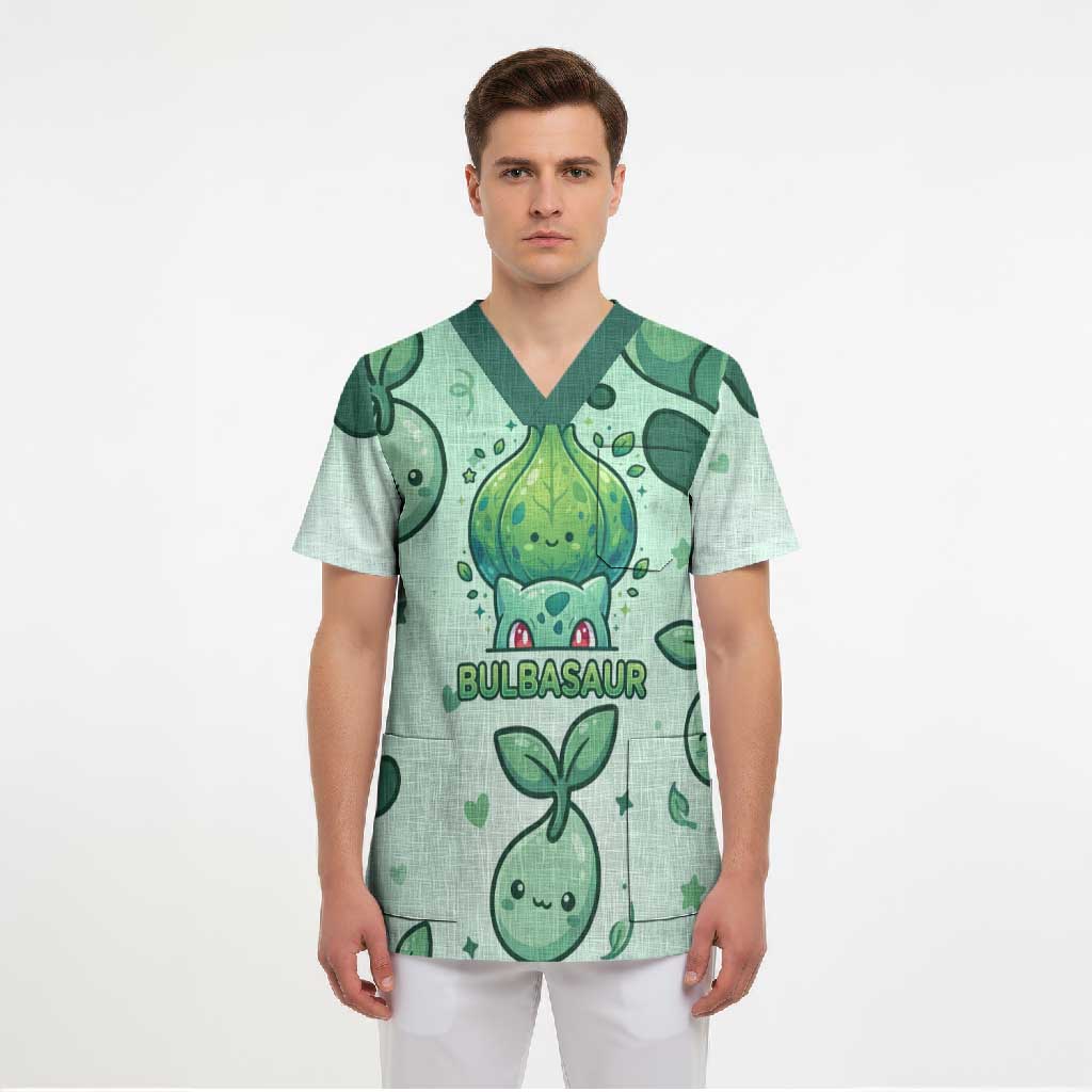 Bulbasaur Scrub Top Playful Leafy Sprout Art