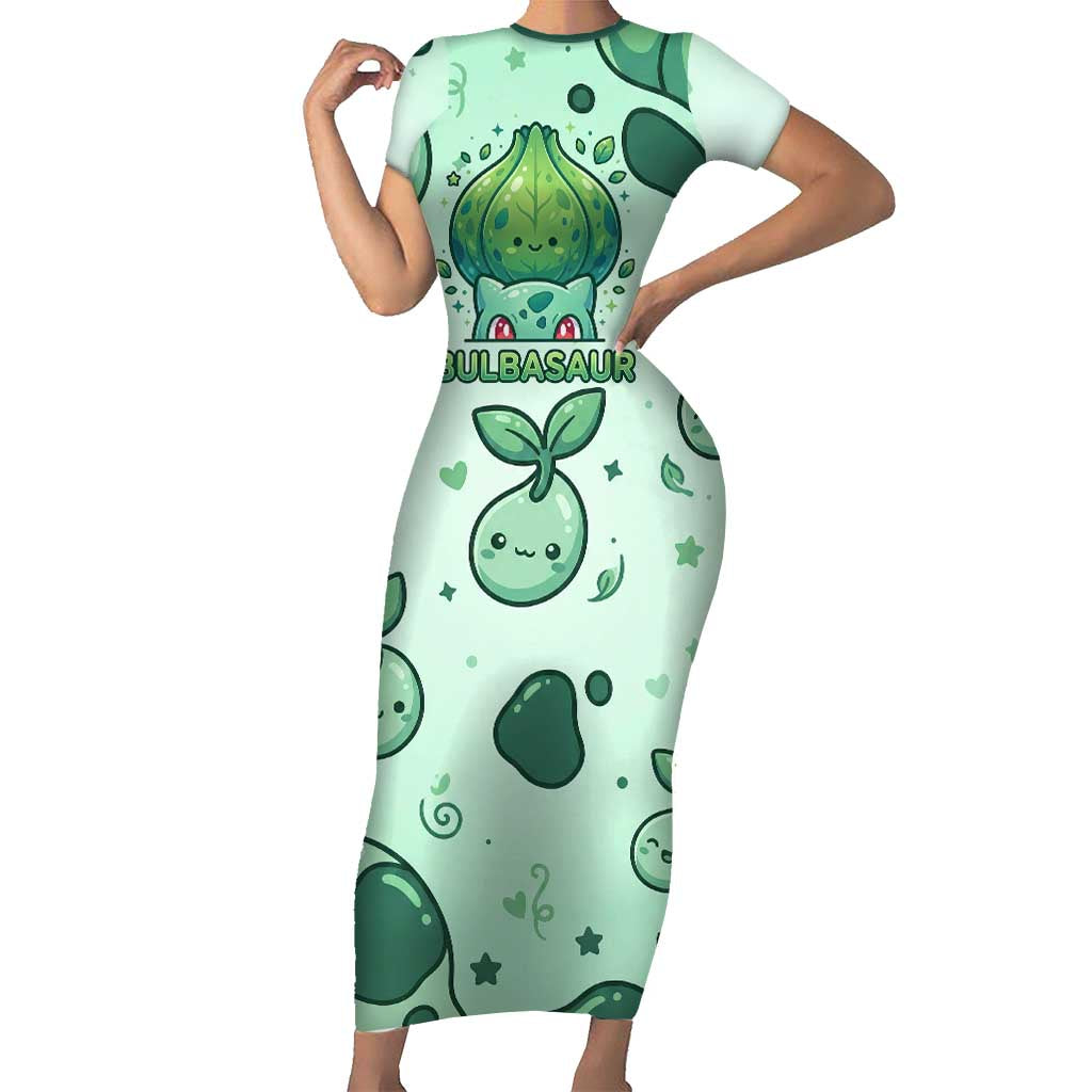 Bulbasaur Short Sleeve Bodycon Dress Playful Leafy Sprout Art