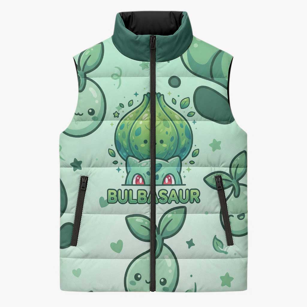 Bulbasaur Sleeveless Puffer Jacket Playful Leafy Sprout Art