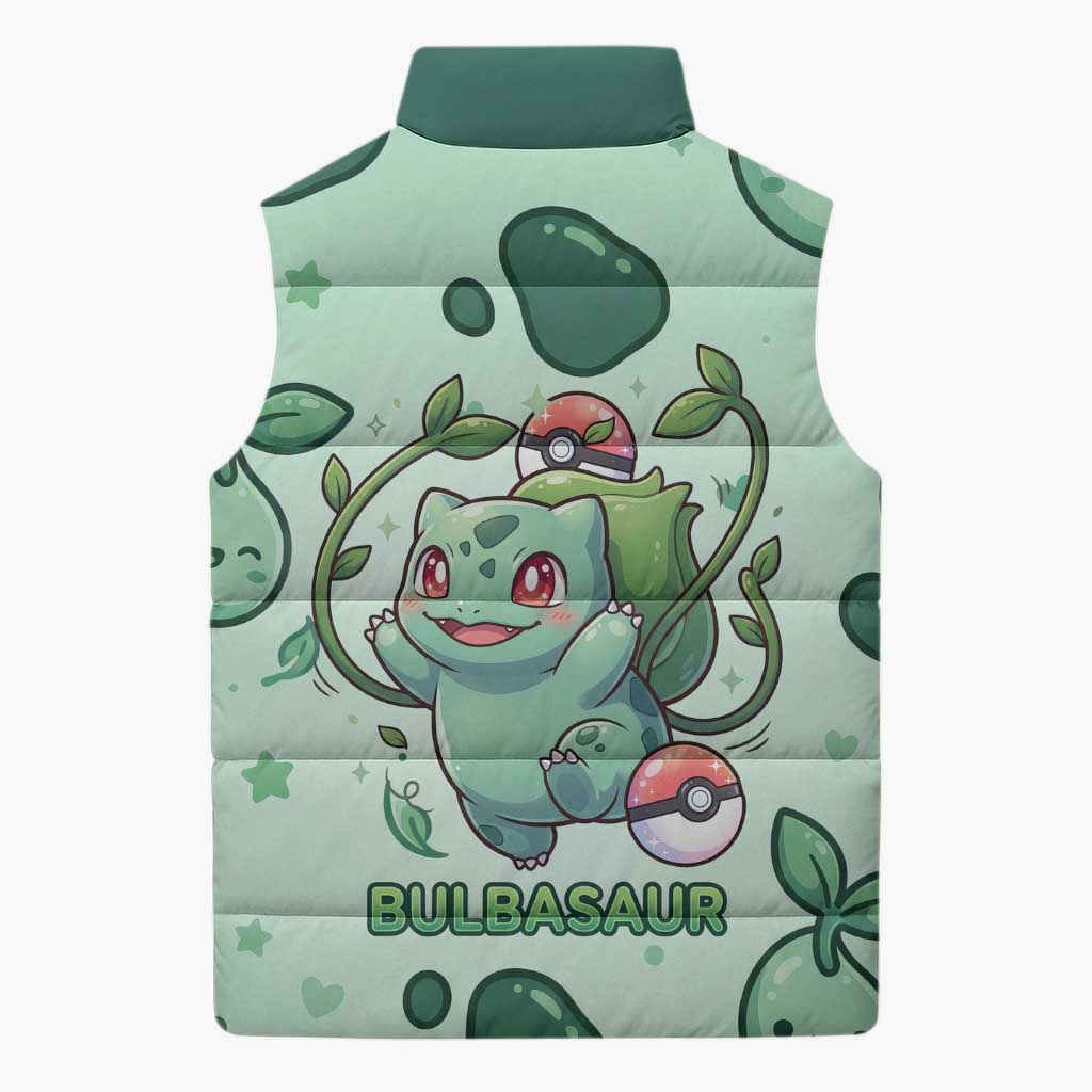 Bulbasaur Sleeveless Puffer Jacket Playful Leafy Sprout Art
