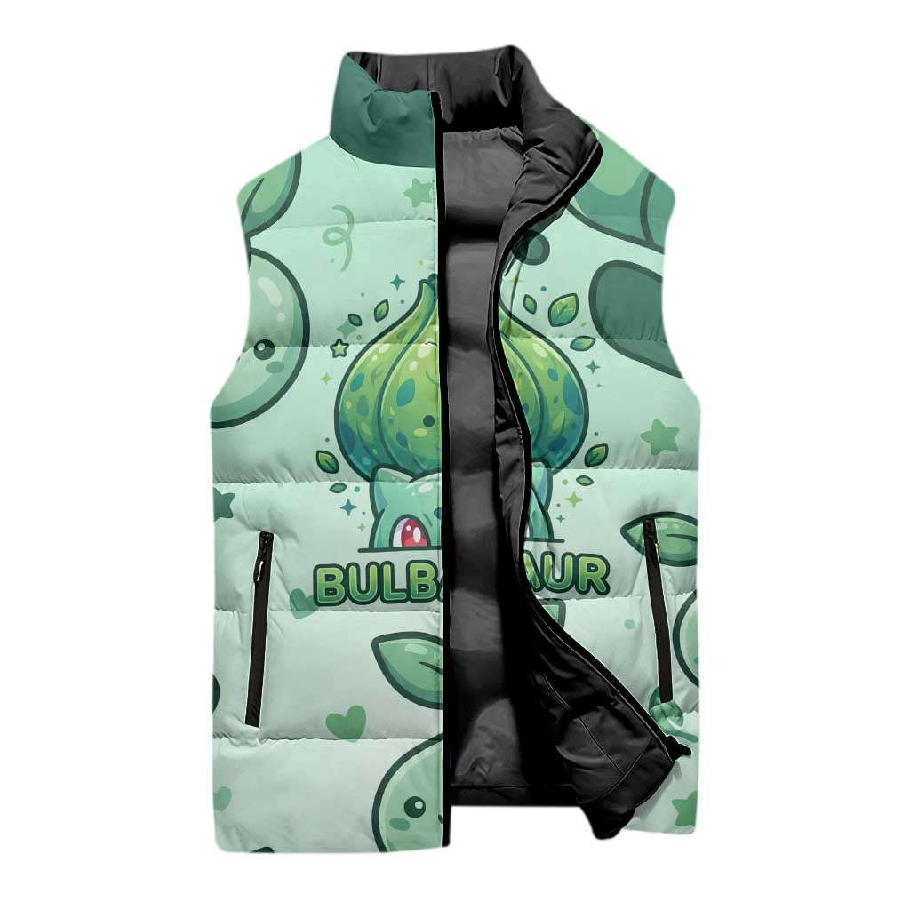 Bulbasaur Sleeveless Puffer Jacket Playful Leafy Sprout Art