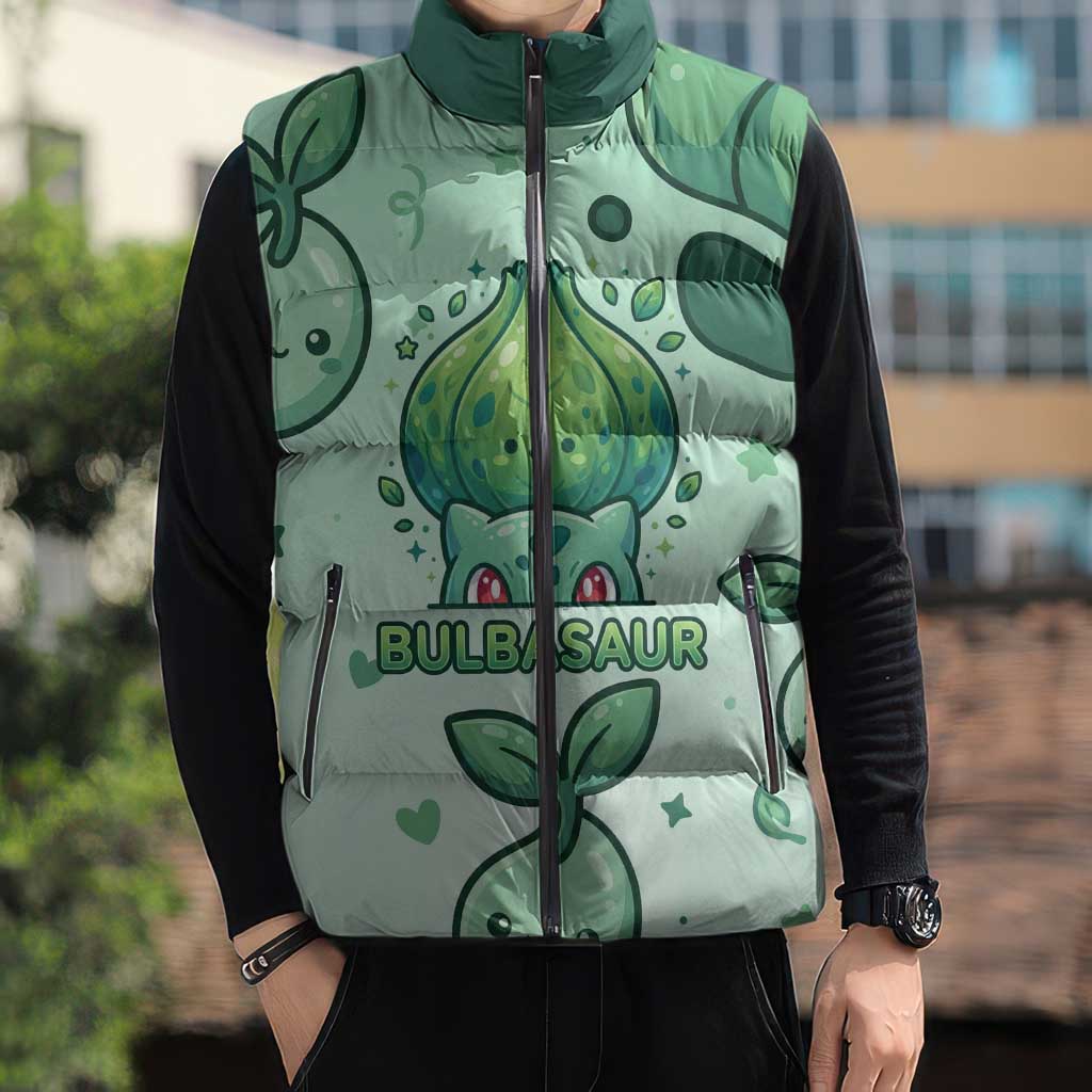 Bulbasaur Sleeveless Puffer Jacket Playful Leafy Sprout Art