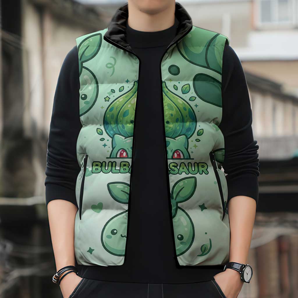 Bulbasaur Sleeveless Puffer Jacket Playful Leafy Sprout Art