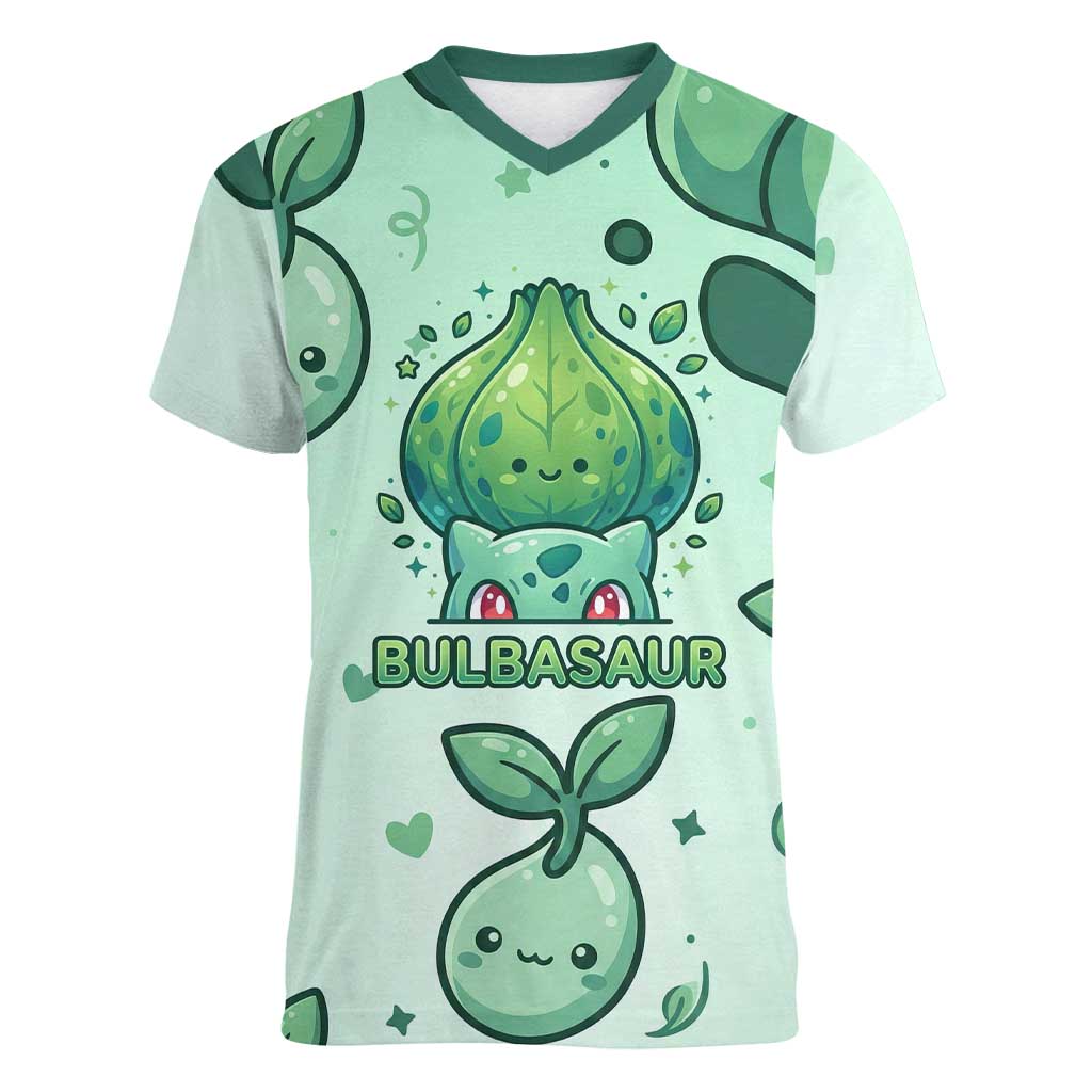 Bulbasaur Women V-Neck T-Shirt Playful Leafy Sprout Art