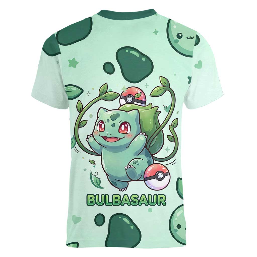 Bulbasaur Women V-Neck T-Shirt Playful Leafy Sprout Art