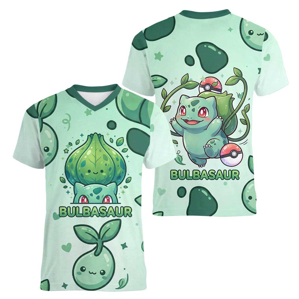 Bulbasaur Women V-Neck T-Shirt Playful Leafy Sprout Art