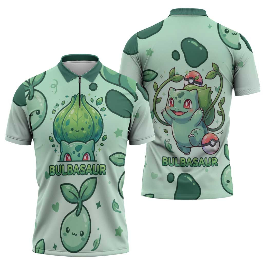 Bulbasaur Zipper Polo Shirt Playful Leafy Sprout Art