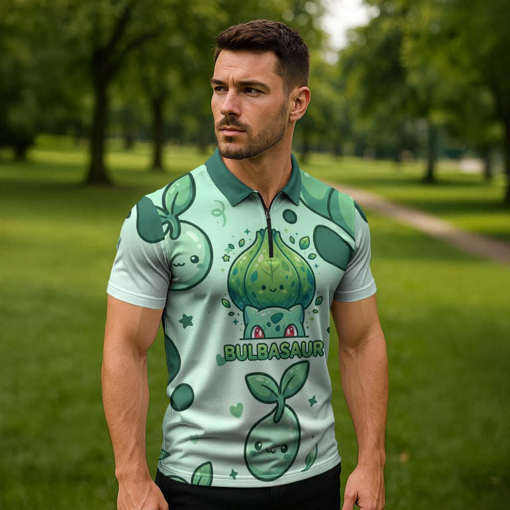 Bulbasaur Zipper Polo Shirt Playful Leafy Sprout Art