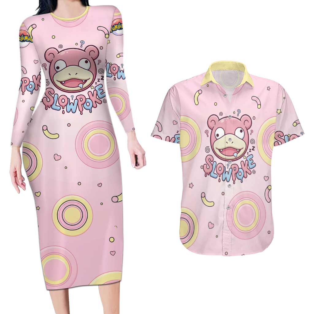 Slowpoke Couples Matching Long Sleeve Bodycon Dress and Hawaiian Shirt Sleepy Bubblegum Daydream Art