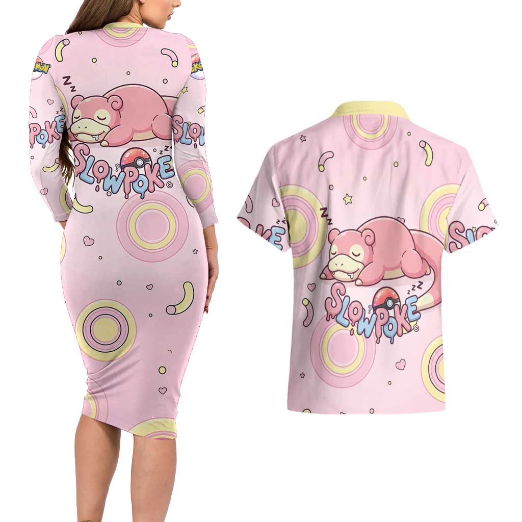 Slowpoke Couples Matching Long Sleeve Bodycon Dress and Hawaiian Shirt Sleepy Bubblegum Daydream Art