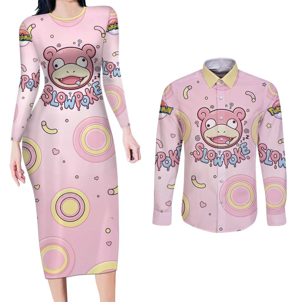 Slowpoke Couples Matching Long Sleeve Bodycon Dress and Long Sleeve Button Shirt Sleepy Bubblegum Daydream Art