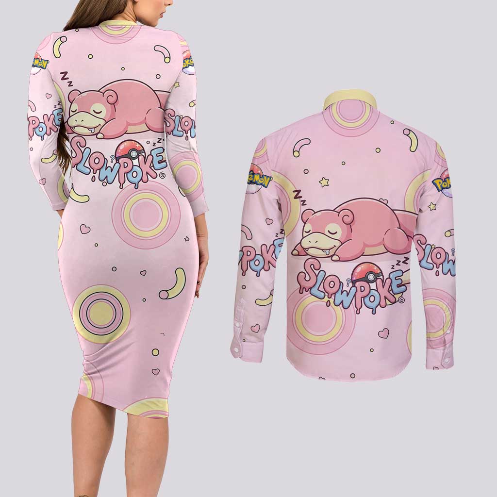 Slowpoke Couples Matching Long Sleeve Bodycon Dress and Long Sleeve Button Shirt Sleepy Bubblegum Daydream Art