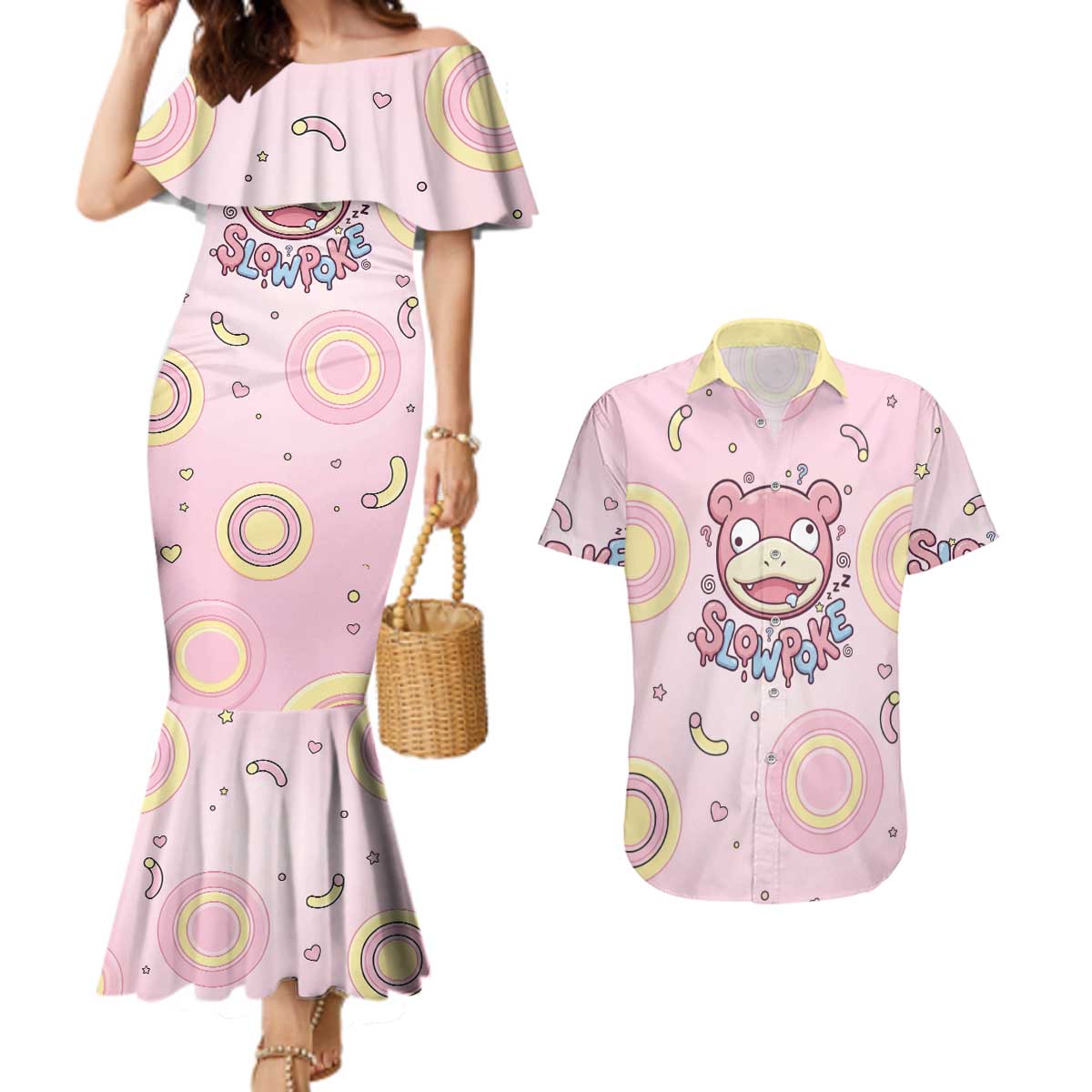 Slowpoke Couples Matching Mermaid Dress and Hawaiian Shirt Sleepy Bubblegum Daydream Art