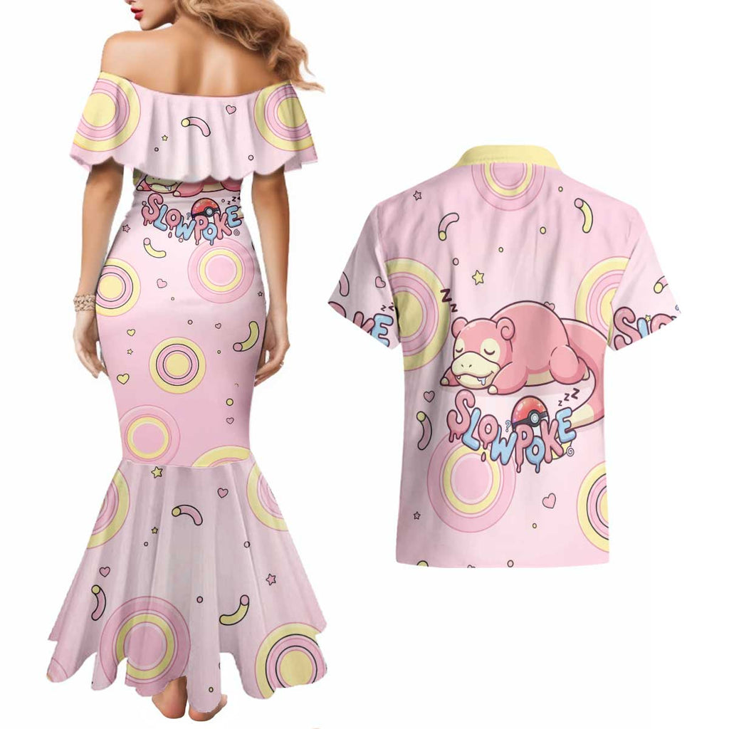 Slowpoke Couples Matching Mermaid Dress and Hawaiian Shirt Sleepy Bubblegum Daydream Art
