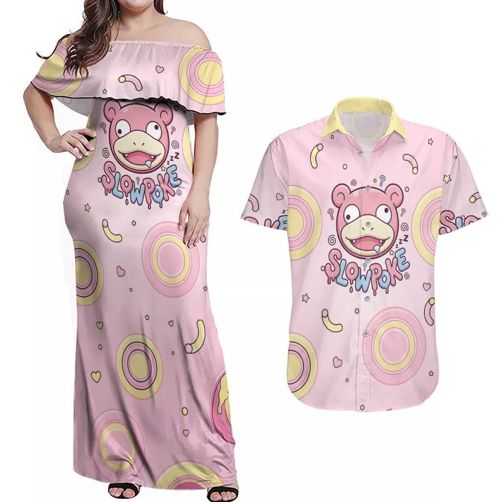 Slowpoke Couples Matching Off Shoulder Maxi Dress and Hawaiian Shirt Sleepy Bubblegum Daydream Art