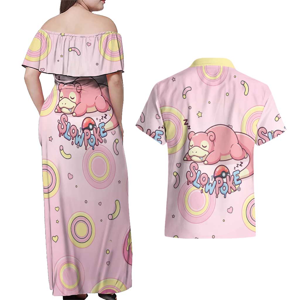 Slowpoke Couples Matching Off Shoulder Maxi Dress and Hawaiian Shirt Sleepy Bubblegum Daydream Art