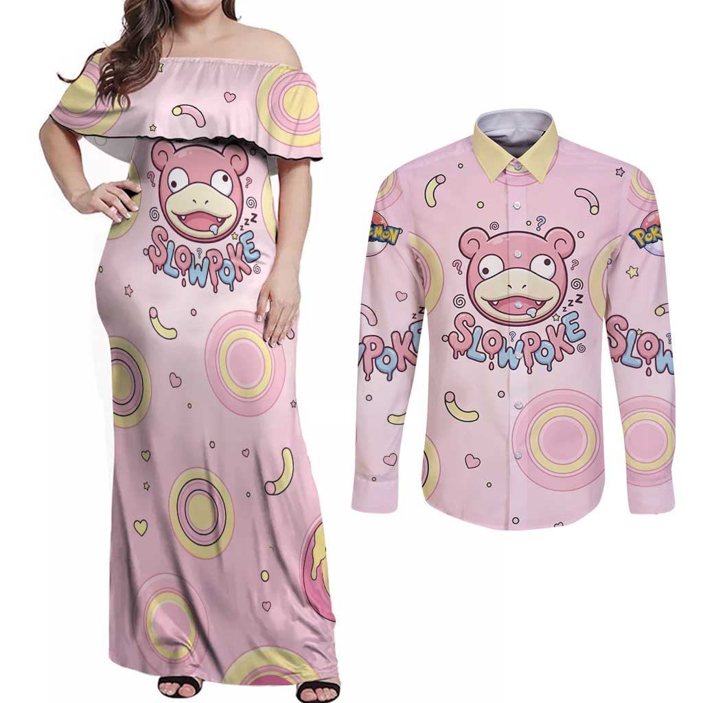 Slowpoke Couples Matching Off Shoulder Maxi Dress and Long Sleeve Button Shirt Sleepy Bubblegum Daydream Art