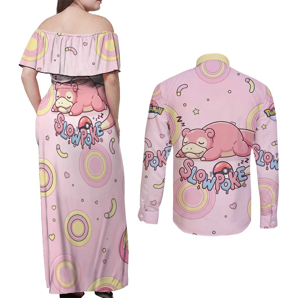 Slowpoke Couples Matching Off Shoulder Maxi Dress and Long Sleeve Button Shirt Sleepy Bubblegum Daydream Art