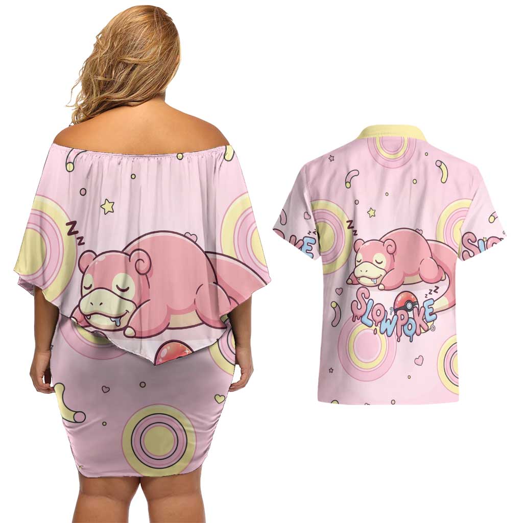 Slowpoke Couples Matching Off Shoulder Short Dress and Hawaiian Shirt Sleepy Bubblegum Daydream Art