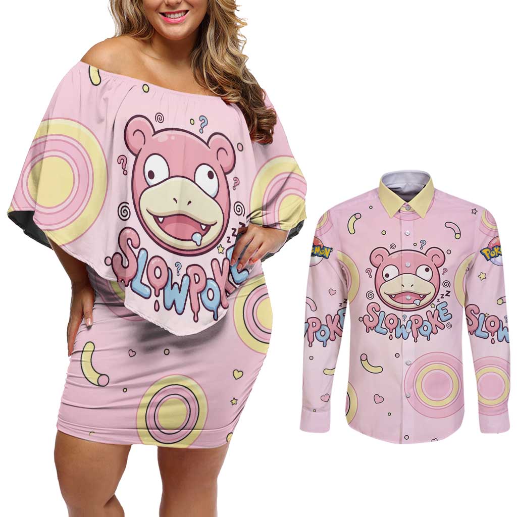 Slowpoke Couples Matching Off Shoulder Short Dress and Long Sleeve Button Shirt Sleepy Bubblegum Daydream Art