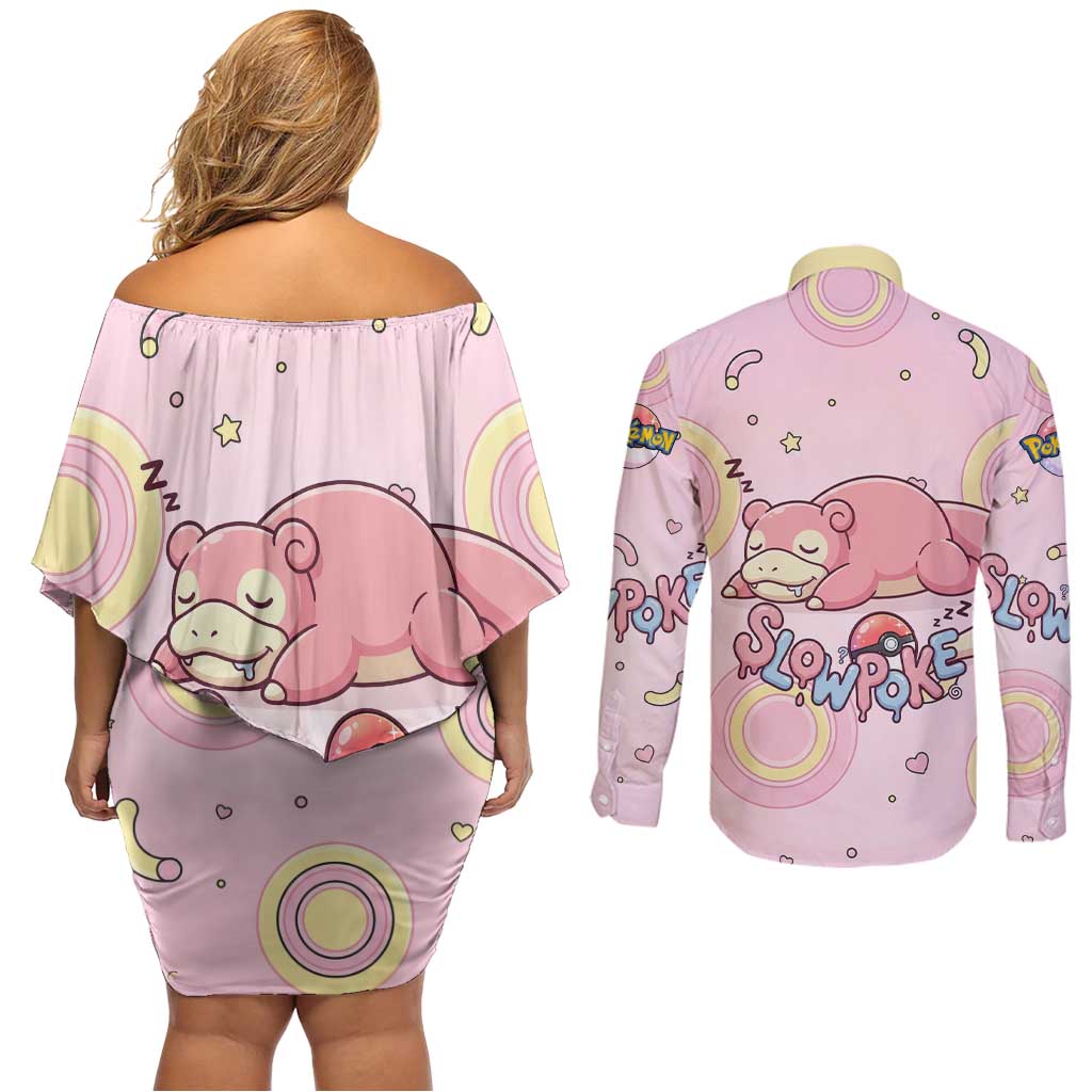 Slowpoke Couples Matching Off Shoulder Short Dress and Long Sleeve Button Shirt Sleepy Bubblegum Daydream Art